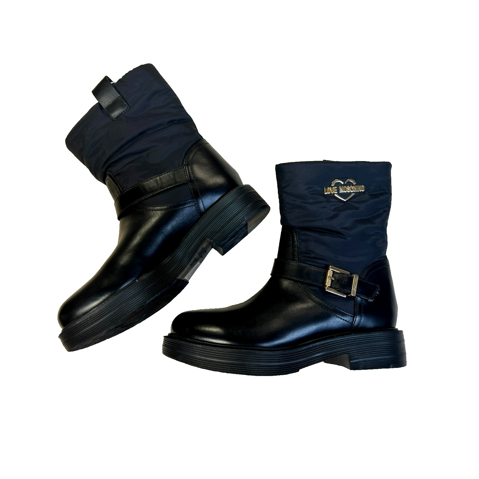 Nwob Love Morschino Moto/Biker Low Boot Black Leather & Nylon Gold Logo Sz 7.5